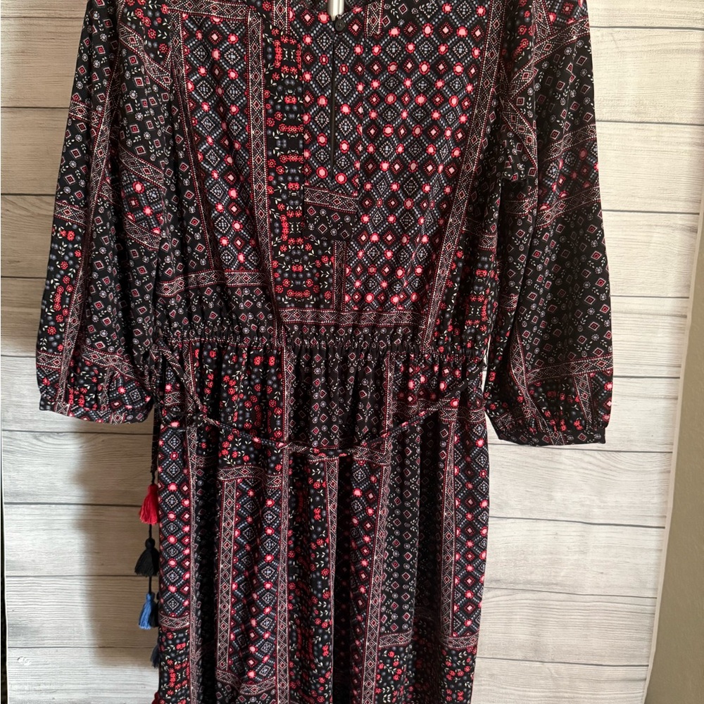 Loft Black and Red Geometric Long Sleeve Dress